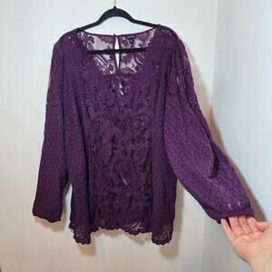 Torrid Women 5X Purple Lace Sheer VNeck Long Sleeve Top Dark Romantic